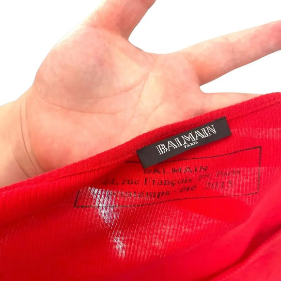 Balmain Red Cotton Ribbed Long Sleeve Scoop Neck Tee‎ Shirt Size XL **Flawed - Picture 10 of 12